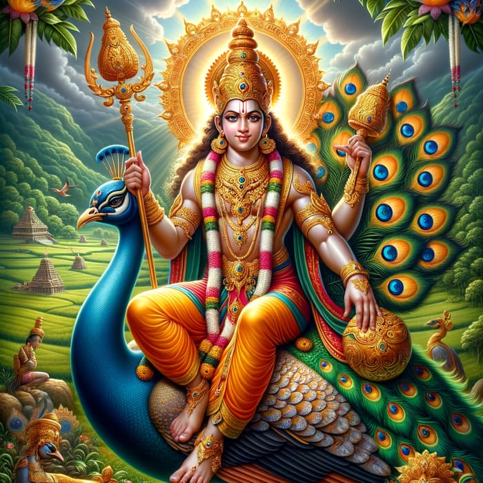 Lord Subramanya: Vibrant Divine Deity on Majestic Peacock