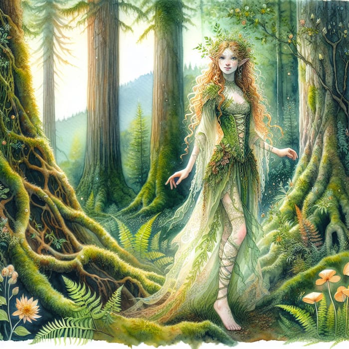 Watercolor Woodland Nymph in Enchanting Setting