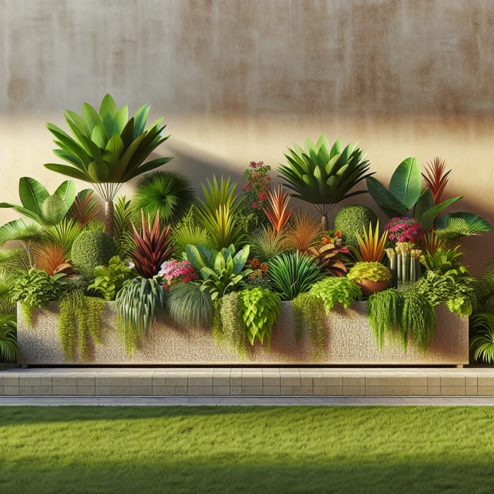 Tropical Style Planter Bed Against 6' Stucco Wall