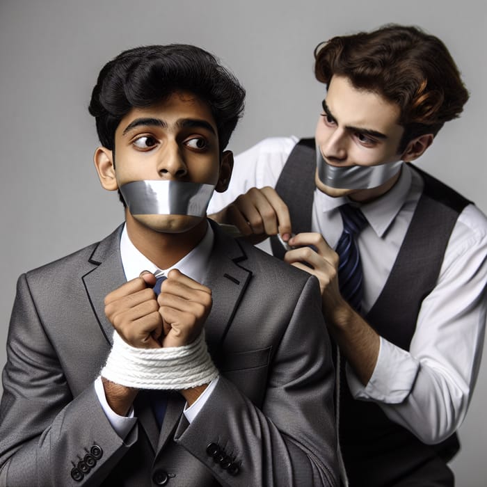 Captivating Imagery: Friend Gags 18-Year-Old Boy in Suit with Tape