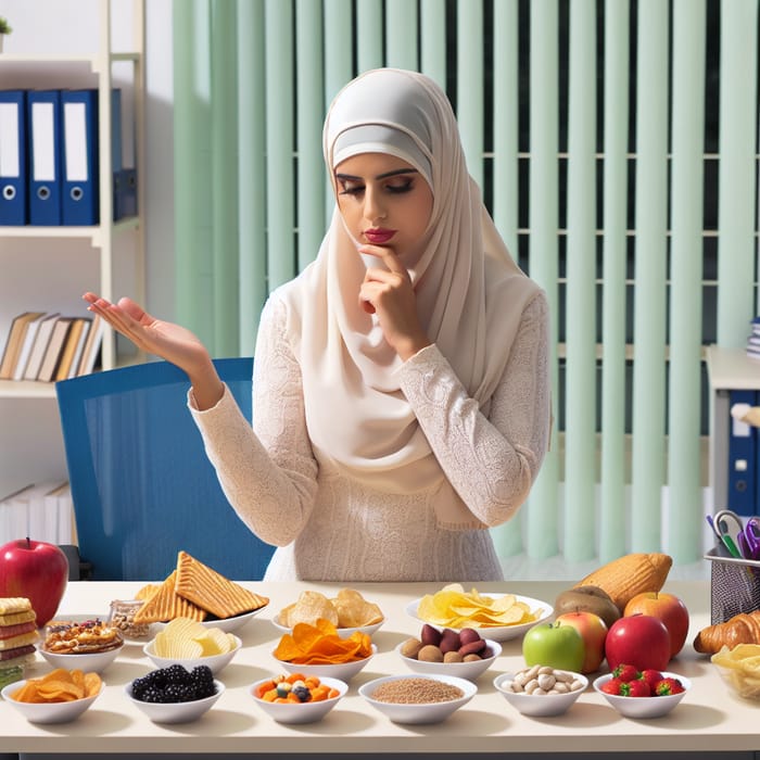 Middle-Eastern Female Nutritionist Choosing Between Fatty and Healthy Foods in Her Office
