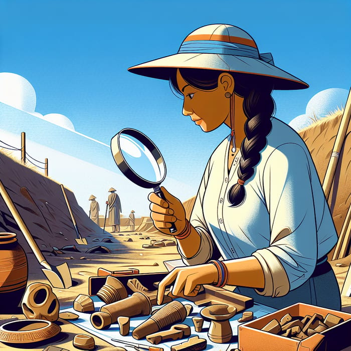 South Asian Female Archeologist with Magnifying Glass | Historical Excavation Site