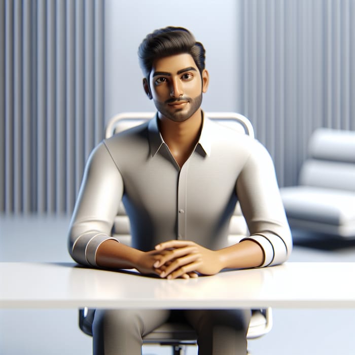 Modern Indian Man Sitting at White Desk Pose for Camera