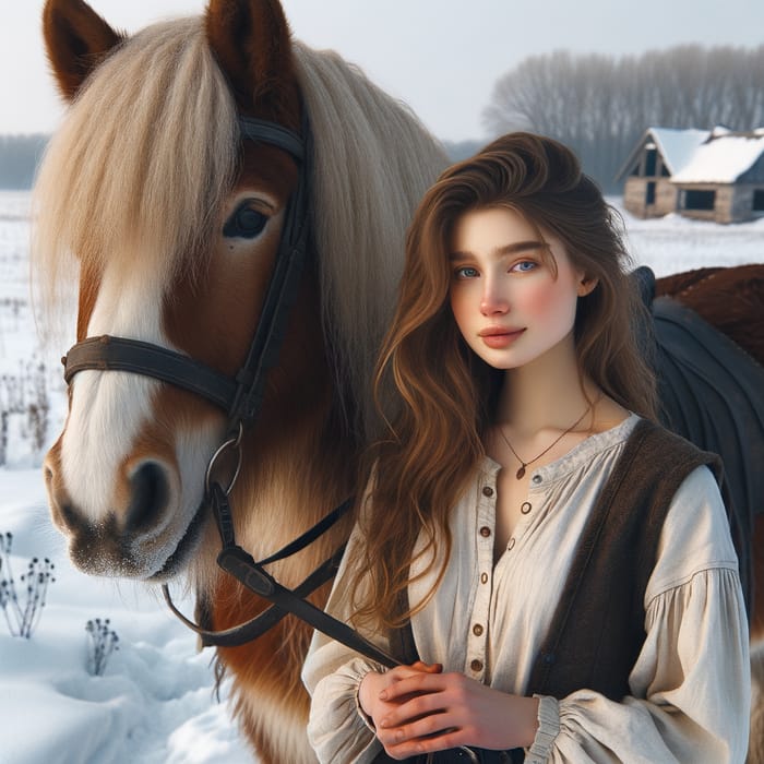 Young Woman Riding Horse in Snowy Field