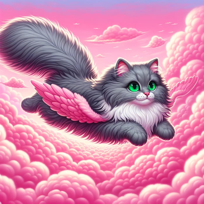 Fluffy Gray Cat Flying in Pink Sky | Magical Flight Joy