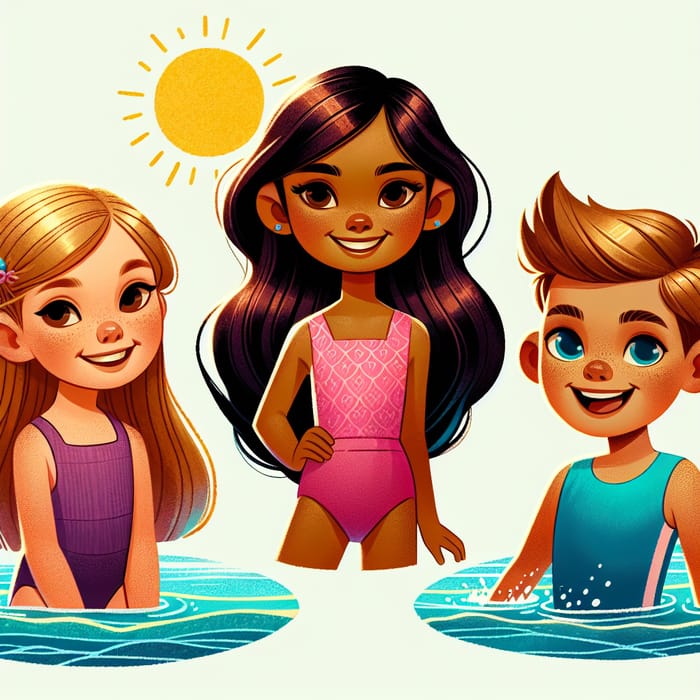 Lively Cartoon Children at Beach or Pool | Fun Illustration