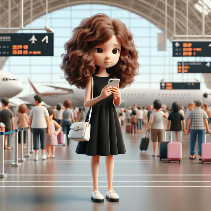 Curly Chestnut Brown 3D Character in Children's Movie Style at Airport