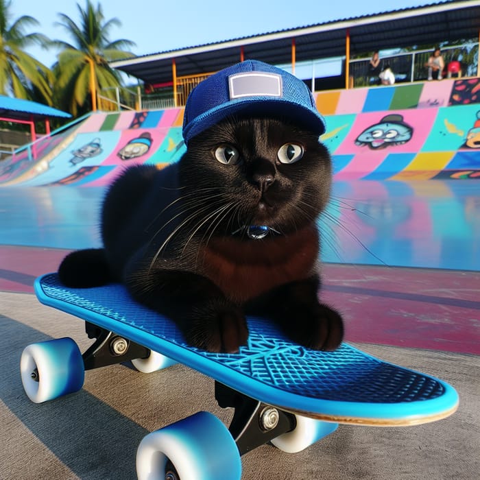 Black Cat Skating in Blue Skateboard Hat