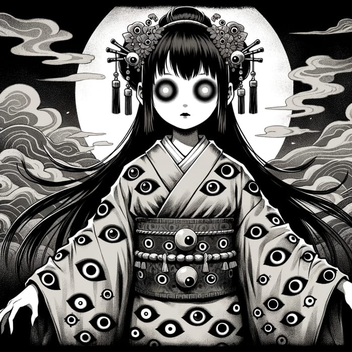 Ghostly Japanese Mythical Creature Illustration: Black and White Scary Girl with Eyes Everywhere