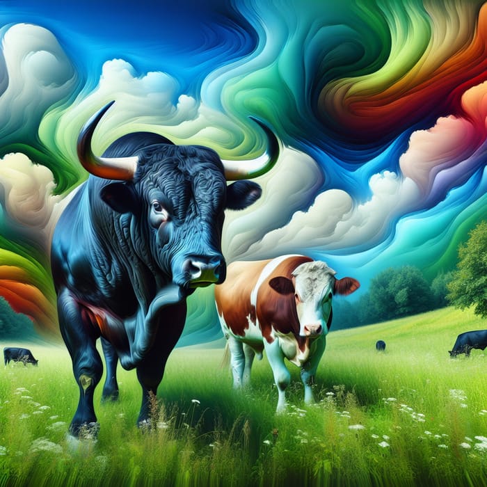 Energetic Cow and Bull in Vibrant Nature Scene
