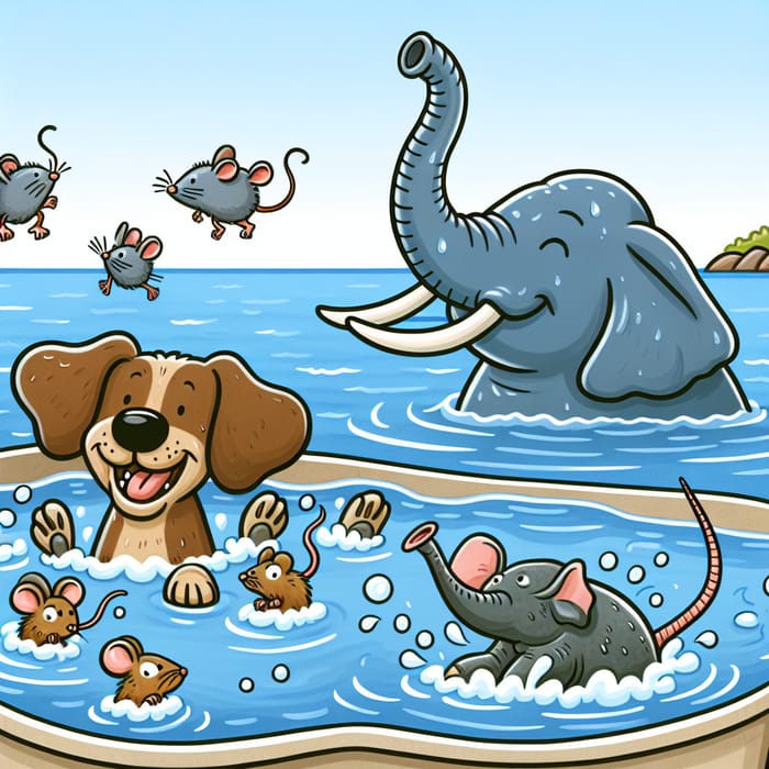 Playful Dog Playing with Mice and Elephant Bathing in the Sea