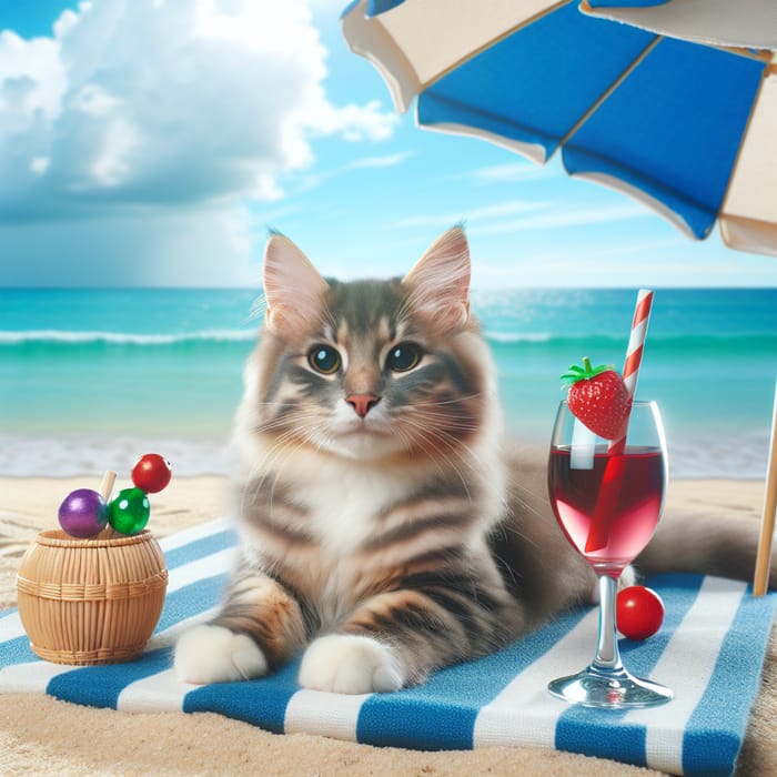 Beautiful Cat on Beach with Umbrella, Wine & Serenity