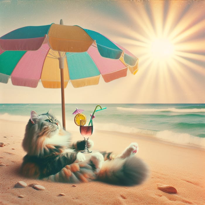 Tranquil Cat Relaxing on Beach with Vintage Charm | Sea Breeze Bliss