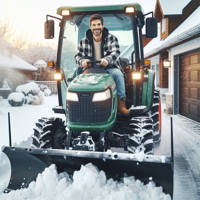 Cheerful Man Plowing Driveways with Kubota Tractor and Snowplow