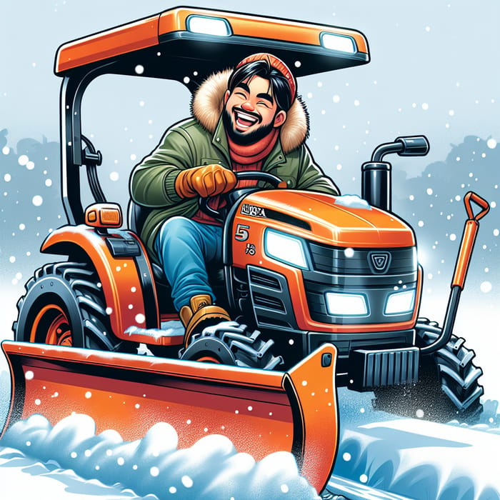 Joyous Man on Kubota Cab Tractor Snowplow Cartoons
