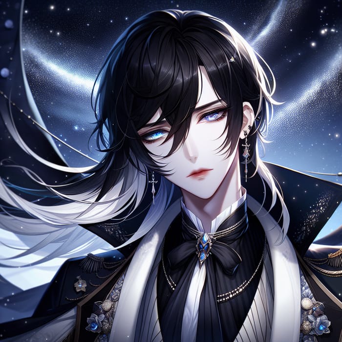 Stunning Male Anime Character with Unique Hairstyle and Opulent Attire