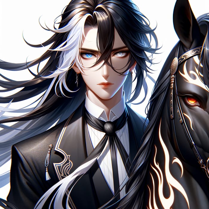 Male Anime Character with Unique Features Riding Majestic Black Horse