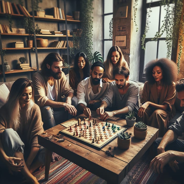 Diverse Group of Friends Immersed in Board Game Fun | Vintage Living Room Ambience