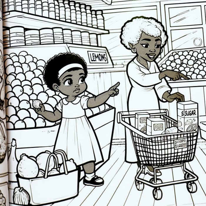 Cartoon Coloring Book Page: African American Girl & Mom at Grocery Store