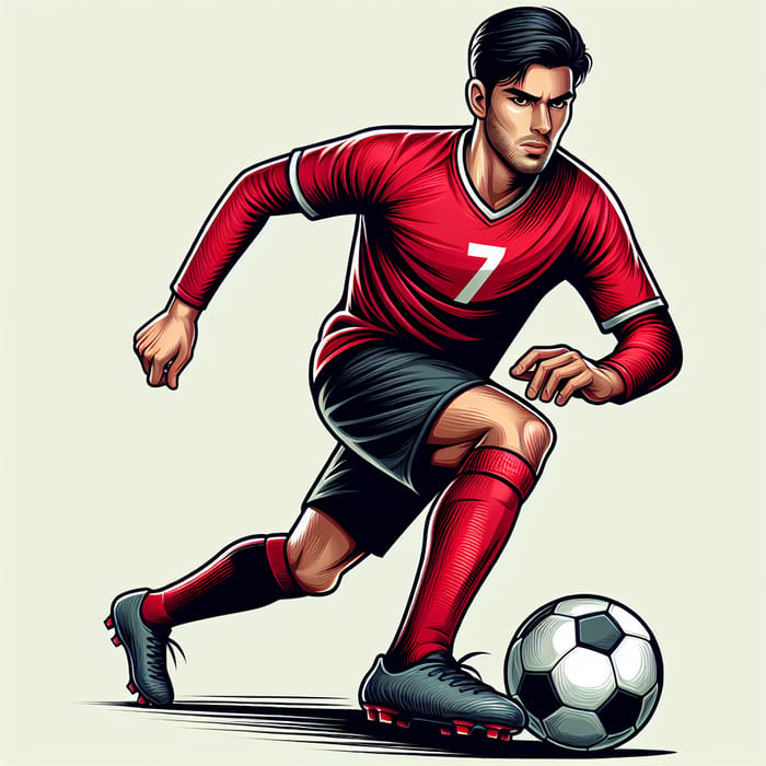 Intense Soccer Player Dribbling Ball | Red Jersey #7
