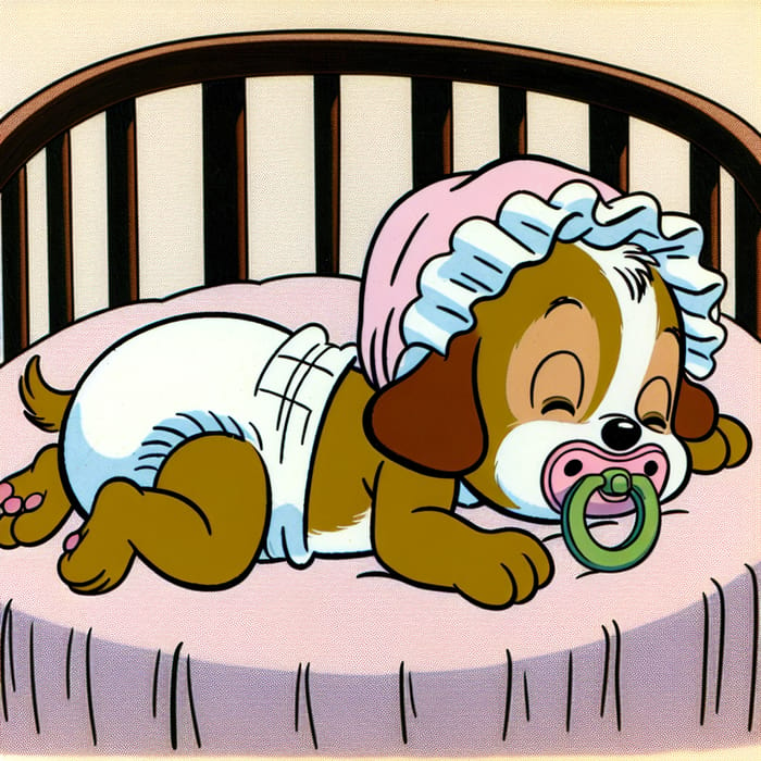 Newborn Puppy Snoopy Sleeping in Crib - Classic Baby Cartoon Vibe