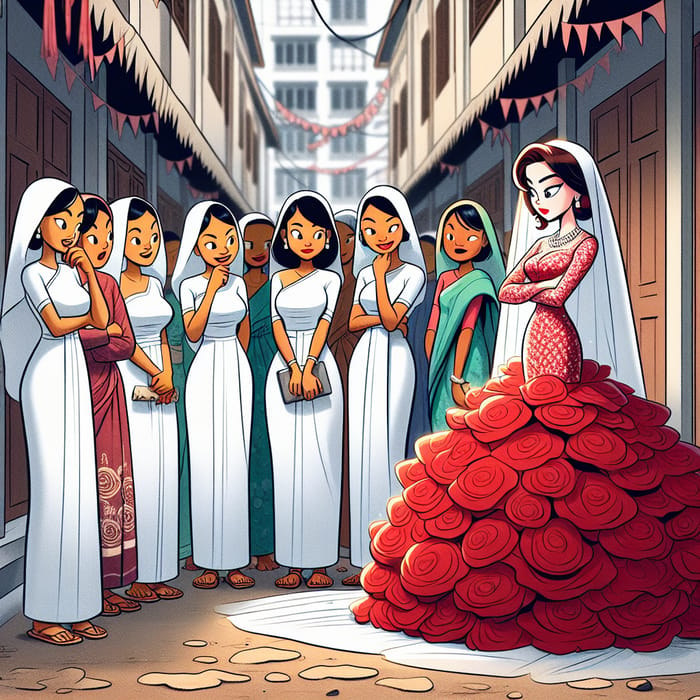 Cartoon Wedding Scene Depicting Myanmar Culture and Disapproving Gossips
