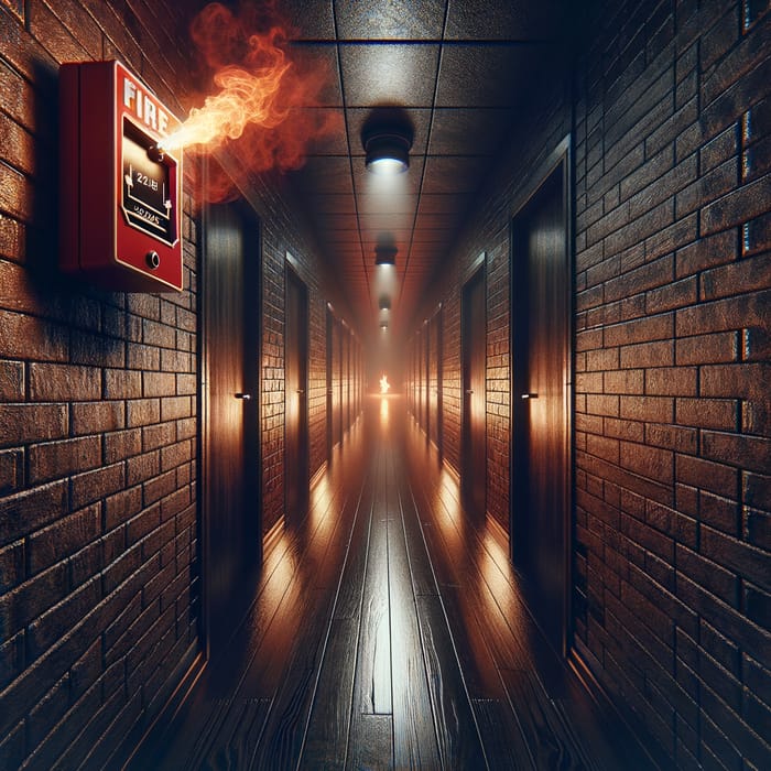 Eerie Fire Alarm Scene in Dark Hallway | Flames Glow