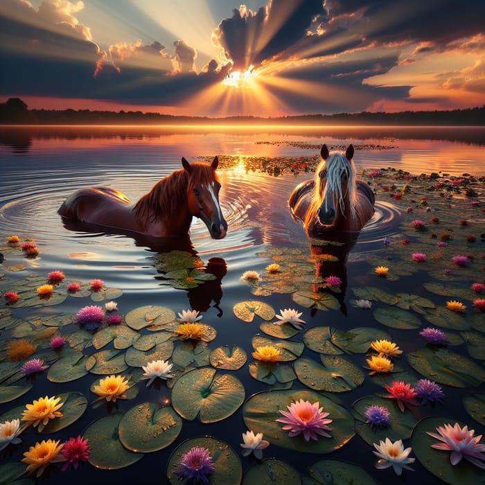 Majestic Horses Swimming Among Lily Pads at Sunset