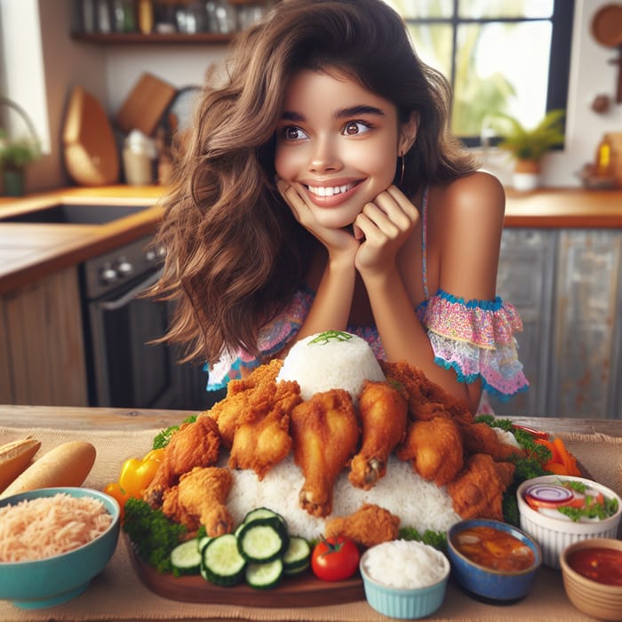 Hungry Hispanic Teenage Girl at a Feast | Crispy Fried Chicken & More