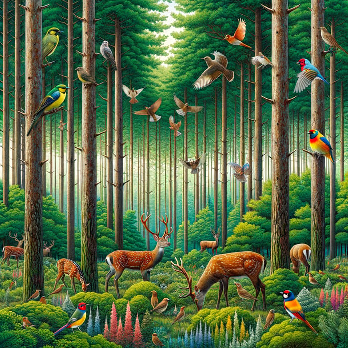 Beautiful Pine Forest with Deer and Colorful Birds