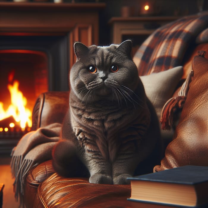 British Shorthair Cat in Blue-Grey by Fireplace