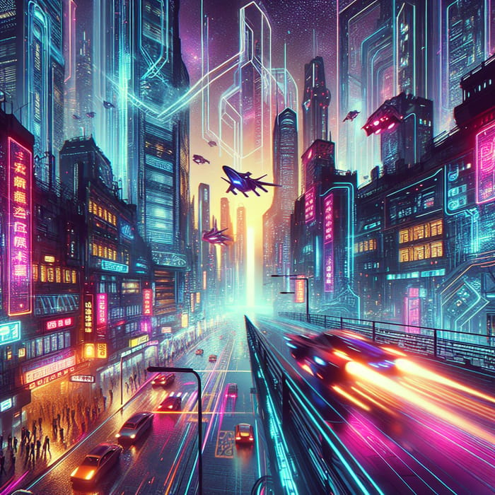 Vibrant Cyberpunk Cityscape with Neon Lights & Flying Cars