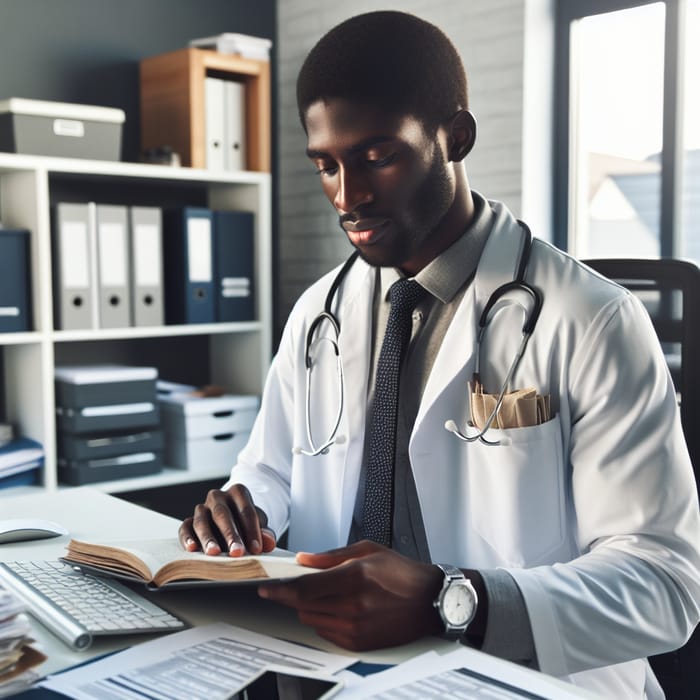 Focused African American Doctor in a Well-Lit Office