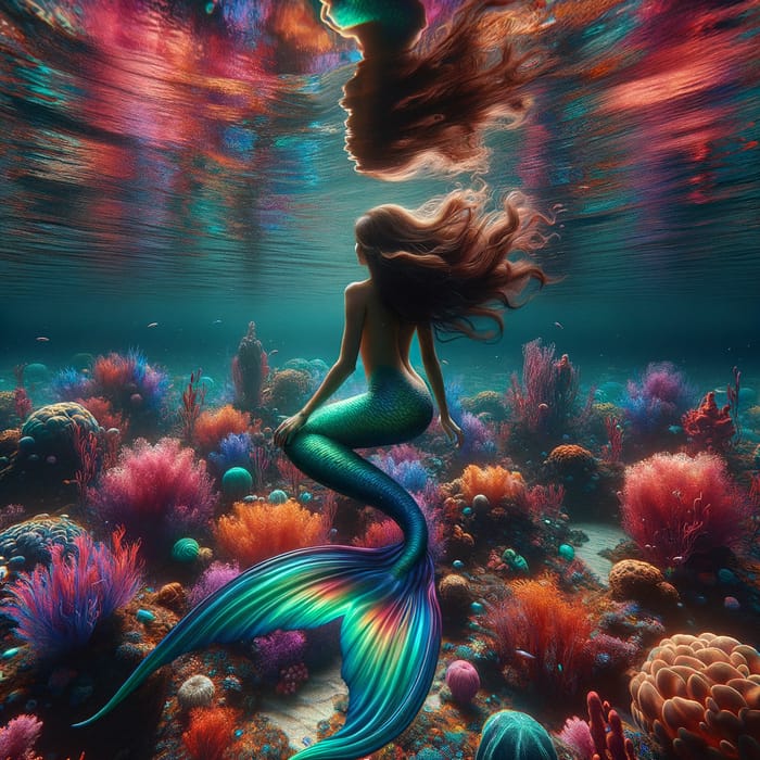 Surreal Underwater Mermaid Scene with Vibrant Coral Reefs and Iridescent Colors