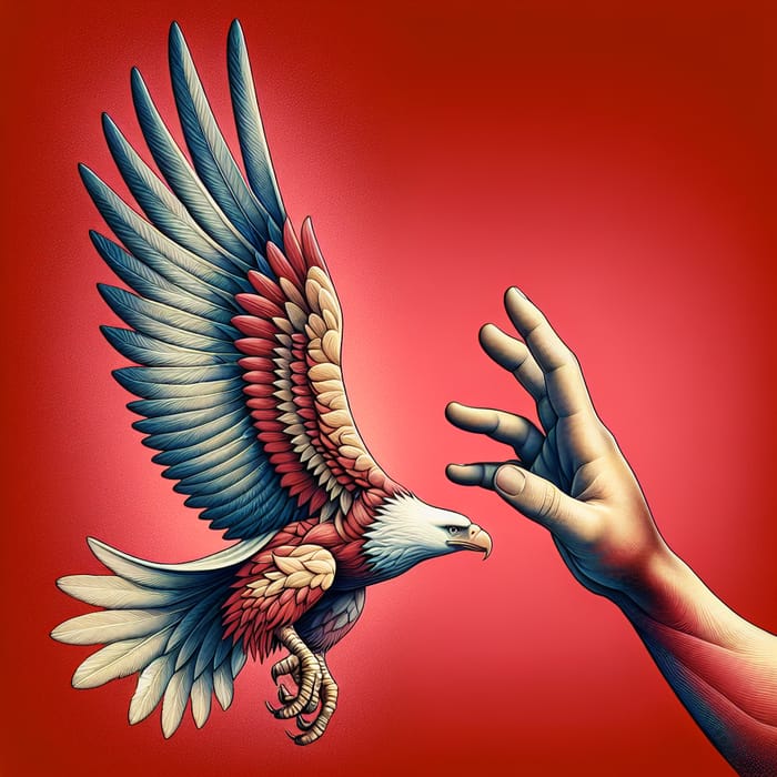 Red Background Human Hand and Eagle Wing Connection