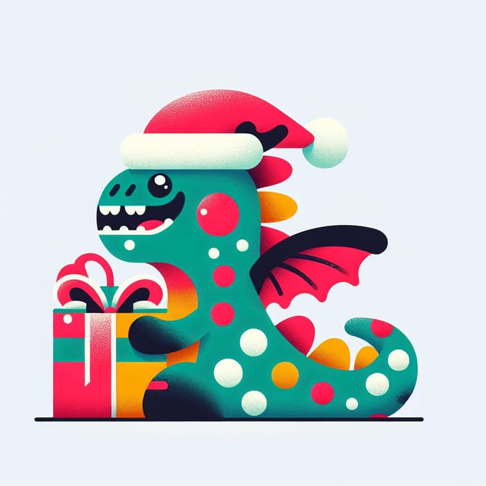 Minimalistic Christmas Dragon with Gift - Festive Illustration