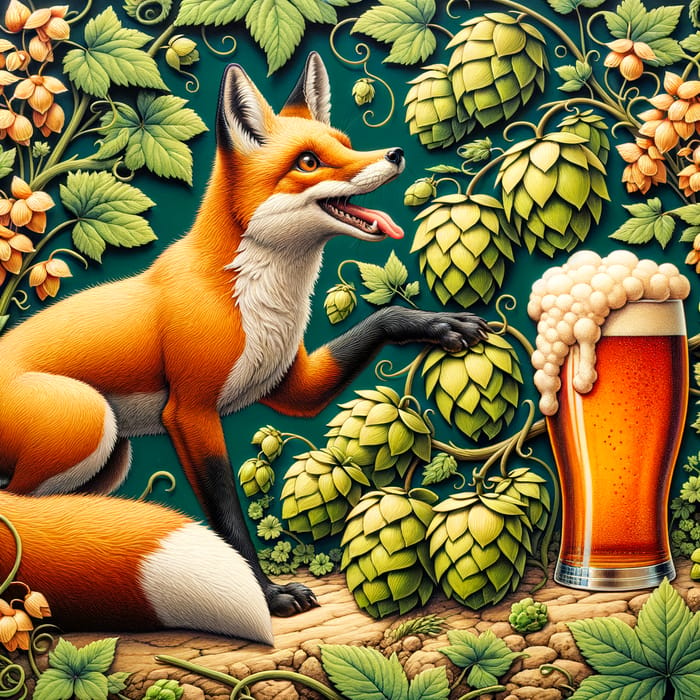 Enchanting Fox Enjoying Beer in Hop-filled Environment