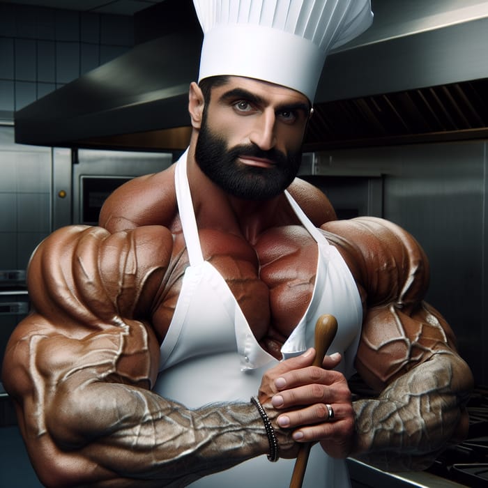 Muscular Middle-Eastern Chef with Imposing Physique in Traditional Attire