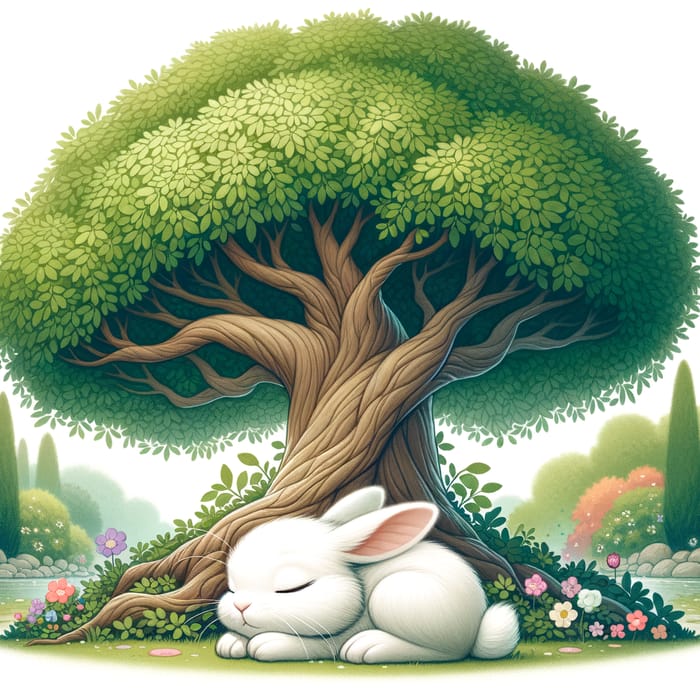 Tranquil Rabbit Napping Beneath Blossoming Tree