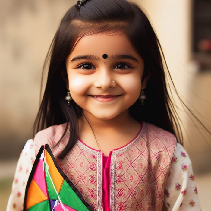 Indian Girl Flying Colorful Kite in Traditional Attire