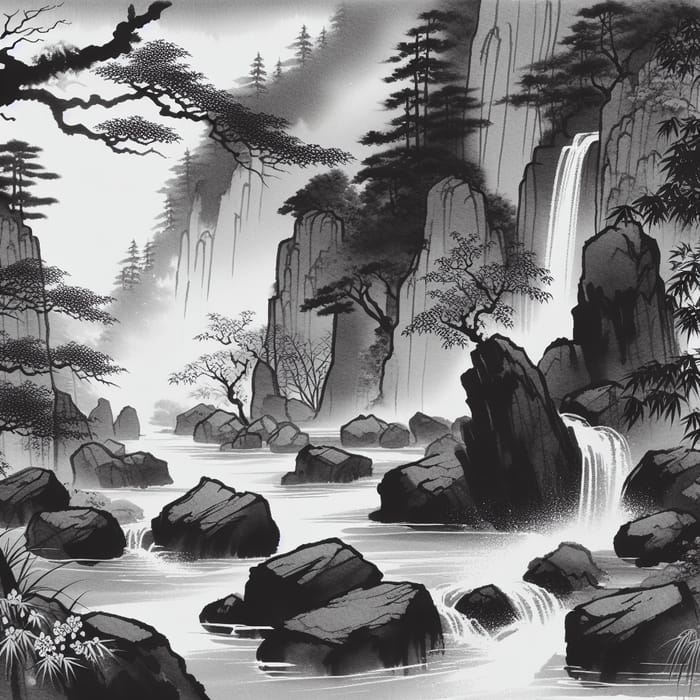 Zen Style Japanese Waterfall Scene Illustration