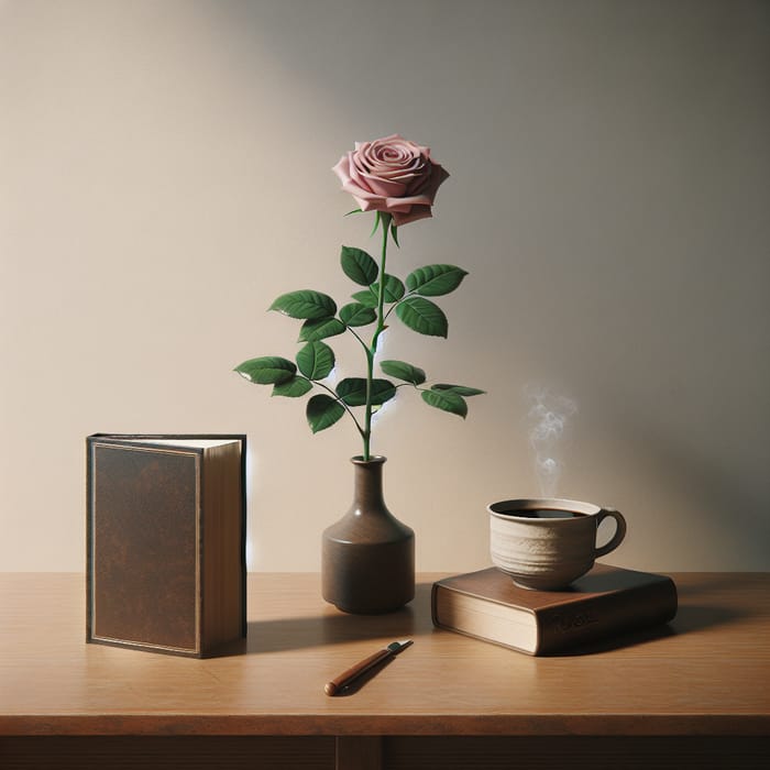 Stylish Coffee Cup, Open Book, and Red Rose on Table