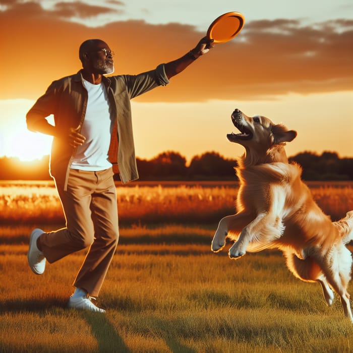 Man with Golden Retriever in Sunset