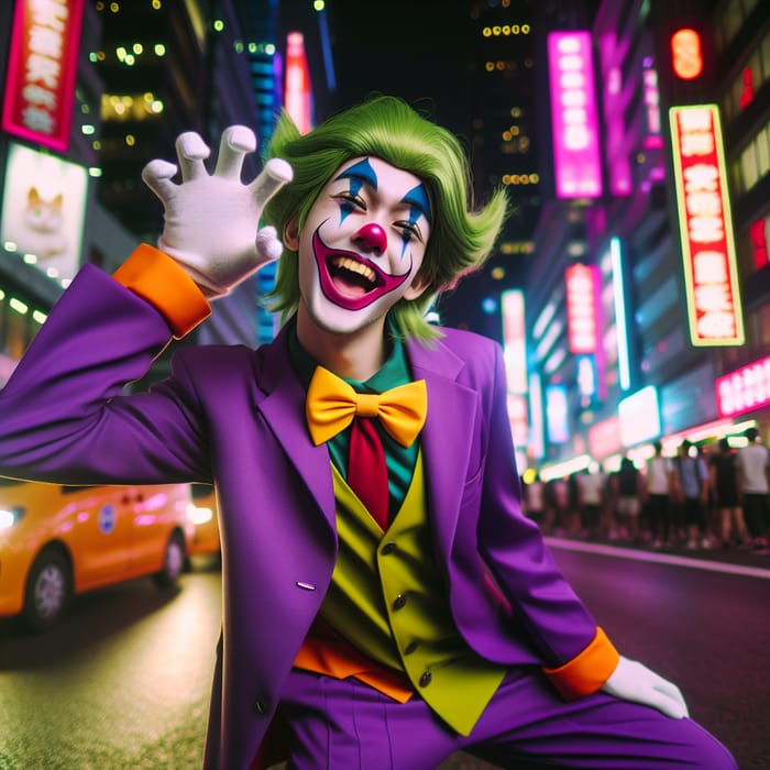 Chaos in Neon City: Green-Haired Clown Mimicking Cat's Mewing