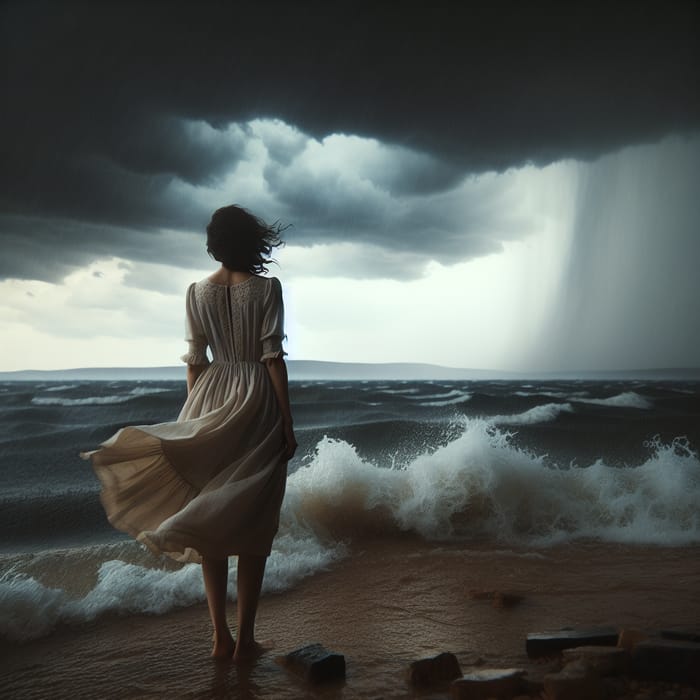 Woman Walking Alone by Stormy Sea
