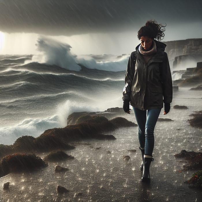 Alone Woman Walking by Turbulent Sea on Stormy Day