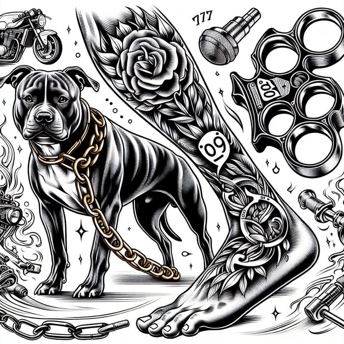 Intricate Leg Tattoo Design: Amstaff Dog, Brass Knuckle, 2006, $777, Aprilia RSV4