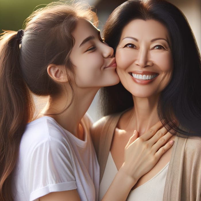 Cheerful Caucasian Girl Kissing Asian Mom | Family Bonding