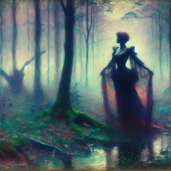 Misty Forest: Mysterious Figure in Vibrant Colors, Fantasy-Inspired