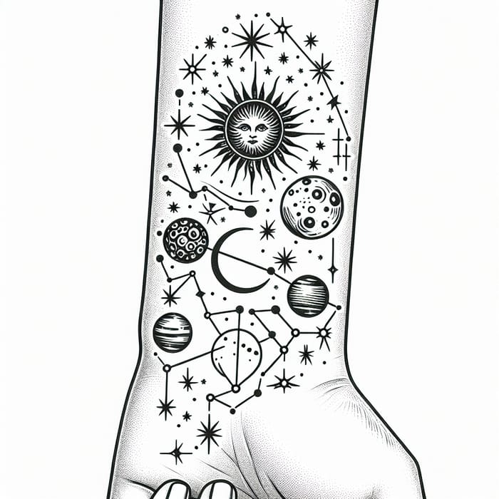Intricate Astronomy Tattoo Design - Celestial Wrist Art